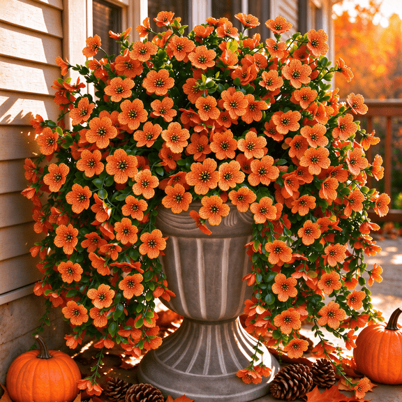 CADODIS 2PCS Artificial Flowers Outdoor, UV Resistant Fake Hanging Plants for Garden Porch Wall, Halloween Thanksgiving Fall Decor, Orange