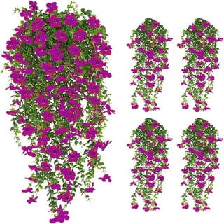 CADODIS 4PCS Artificial Fake Hanging Flowers Outdoor Spring Plants Decoration UV Resistant Faux Silk Violet with Eucalyptus Leaves Outside Home Indoor Planter Porch Patio Balcony Yard Decor,Purple