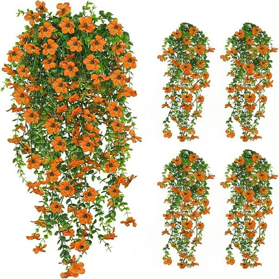 CADODIS 4PCS Artificial Flowers Outdoor Spring Summer Decor Fake Hanging Plants UV Resistant Faux Plastic Greenery Hanging Flowers for Outside Gardens Porch Wall Home Indoor,Orange