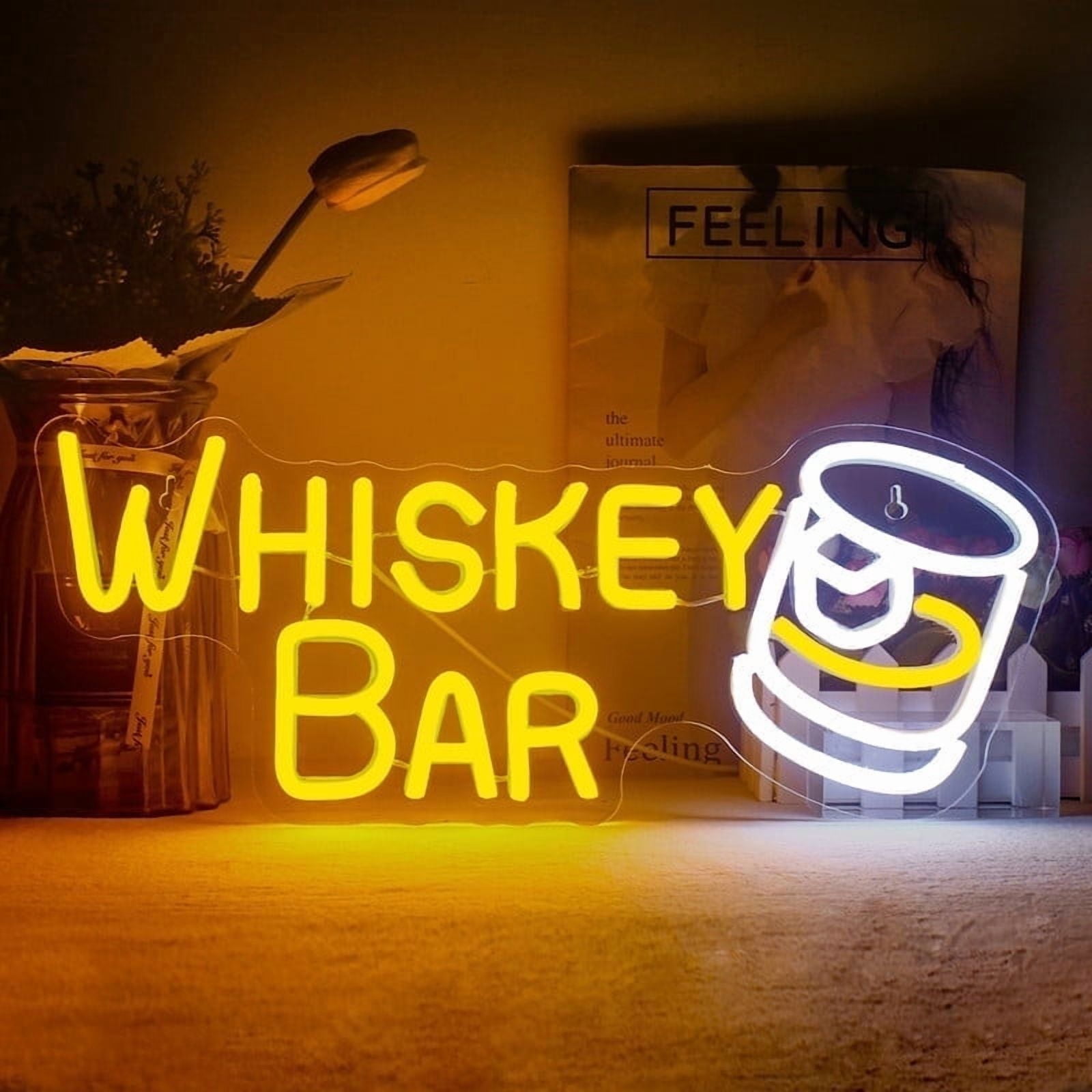 CADODIS Whisky Bar Neon Sign Glass with Ice Wall Decor Bedroom Led Table Light Casino Bar Lamp Boy Gaming Room Party Man Cave，USB Power,Yellow&White
