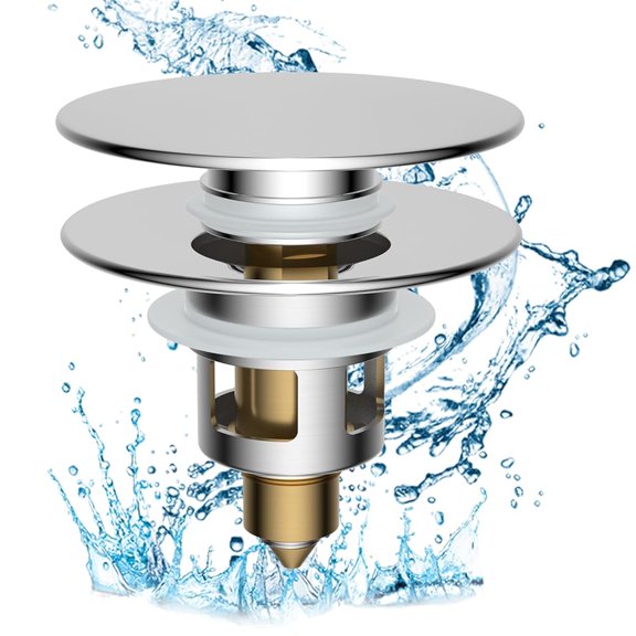 CADOVE All Metal 2 in 1 Anti-Clogging Bathroom Sink Stopper, Universal Pop Up Drain Strainer & Push-Type Plug with Brass Bullet Core, Big Push Button for 1.1''~2.3'' Basin, Chrome Finish