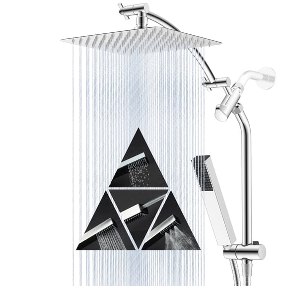 CADOVE All Metal High Pressure 10'' Rainfall Shower Head Combo, 4-Spray Handheld Shower, 12'' Adjustable Extension Arm, Extension Bar, Sliding Sleeve, 71'' Hose, Chrome Finish
