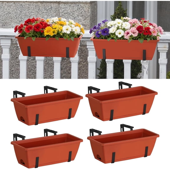 CADUKE Railing Planter Box, Deck Railing Flower Boxes 16.9 Inches Red | Metal Adjustable Brackets, 4 Pack, Fence Hanging Planters, Balcony Railing Window Boxes, For Outdoor