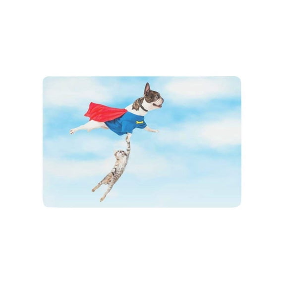 CADecor Animal Door Mat Home Decor, Funny Super Hero Dog with Cat Kitten Flying through Clouds Indoor Outdoor Entrance Doormat 23.6x15.7 Inches