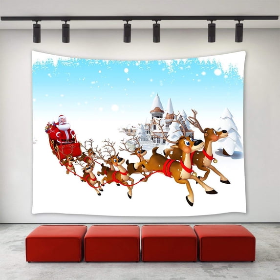 CADecor Christmas Decor Tapestry,Santa Claus Sled Reindeer Sending Christmas Gifts Presents Winter Snow House Wall Tapestry Home 40x60 inch