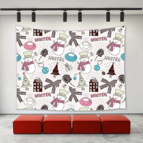 CADecor Christmas Decor Tapestry,Xmas Merry Christmas Tree Winter Snowman Pine Cone House Pattern Wall Tapestry Home Decoration 60x90 inch