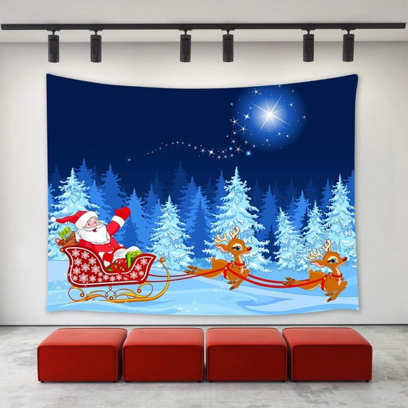 CADecor Christmas Eve Decor Tapestry,Santa Claus Sled Reindeer Sending Christmas Gifts Presents Winter Snow Tree Evening Pattern Wall Tapestry 40x60 inch