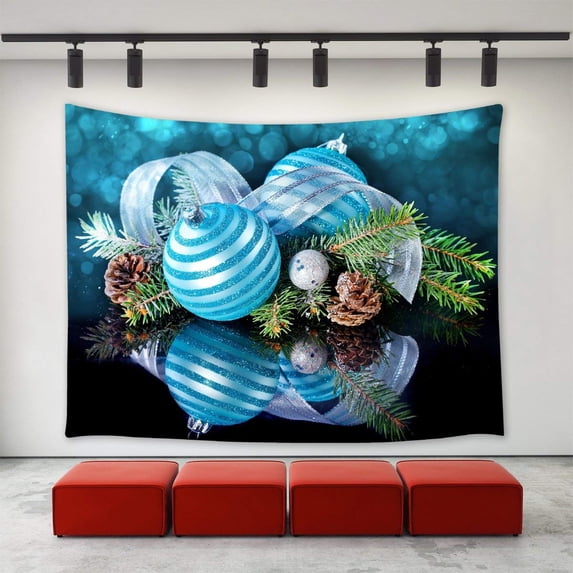 CADecor Christmas Tapestry, Blue Christmas Balls Pine Cone Pinecone Trees Ornament Happy New Year Xmas Christmas Day Wall Tapestries 60x80 inch