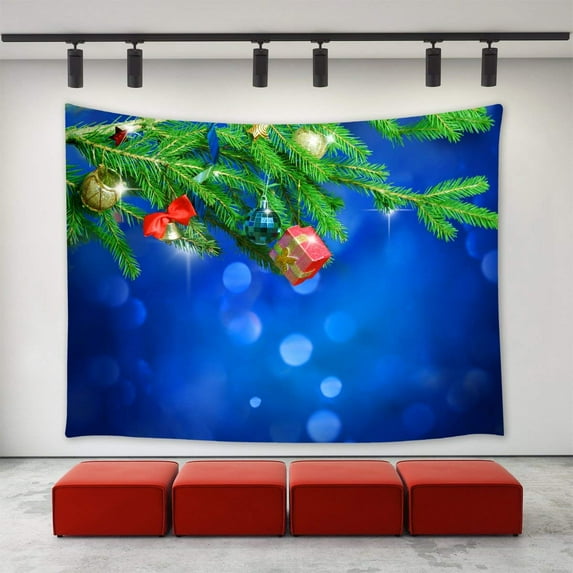 CADecor Christmas Tapestry, Blue Christmas Gifts Presents Tree Ornaments Golden Blue Balls Jingling Bell New Year Xmas Christmas Day Wall Tapestries 60x80 inch