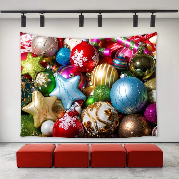 CADecor Christmas Tapestry, Christmas Colorful Red Blue Golden Balls Stars Ornaments Happy New Year Xmas Christmas Day Wall Tapestries 51x60 inchch