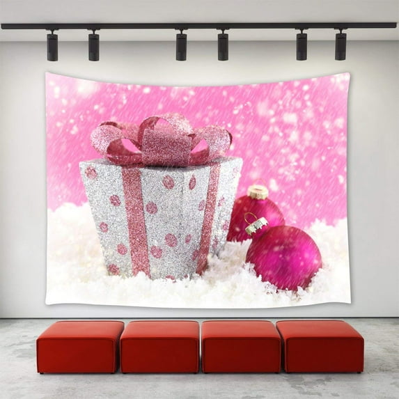 CADecor Christmas Tapestry, Christmas Gifts Presents Pink Balls Ornament Winter Snow Snowflake Happy New Year Xmas Christmas Day Wall Tapestries 60x90 inch