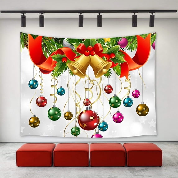 CADecor Christmas Tapestry, Christmas Jingling Bell Wreath Colorful Balls Ornaments Happy New Year Xmas Christmas Day Wall Tapestries 60x80 inch