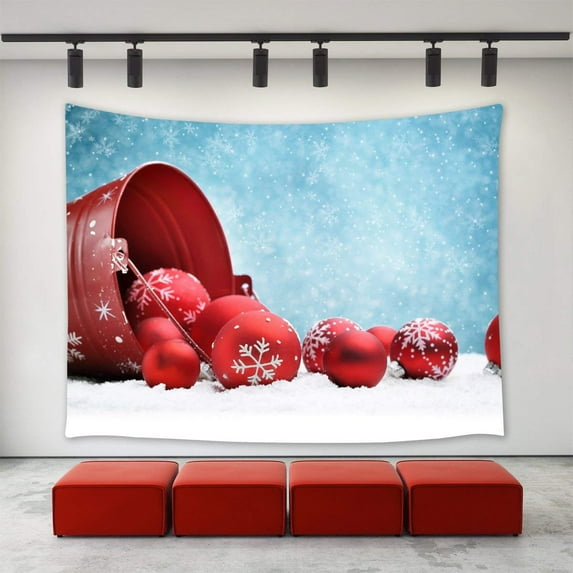 CADecor Christmas Tapestry, Christmas Ornaments Red Balls Winter Snow Snowflakes Happy New Year Xmas Christmas Day Wall Tapestries 40x60 inch