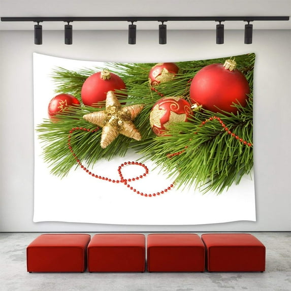 CADecor Christmas Tapestry, Christmas Pine Cone Tree Golden Red Balls Ornaments Happy New Year Xmas Christmas Day Wall Tapestries 51x60 inchch