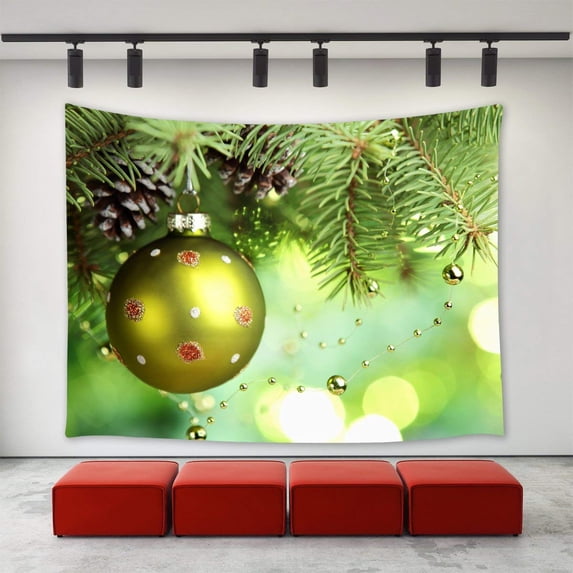 CADecor Christmas Tapestry, Christmas Tree Ornaments Green Balls Pine Cone Pinecones Happy New Year Xmas Christmas Day Wall Tapestries 51x60 inchch
