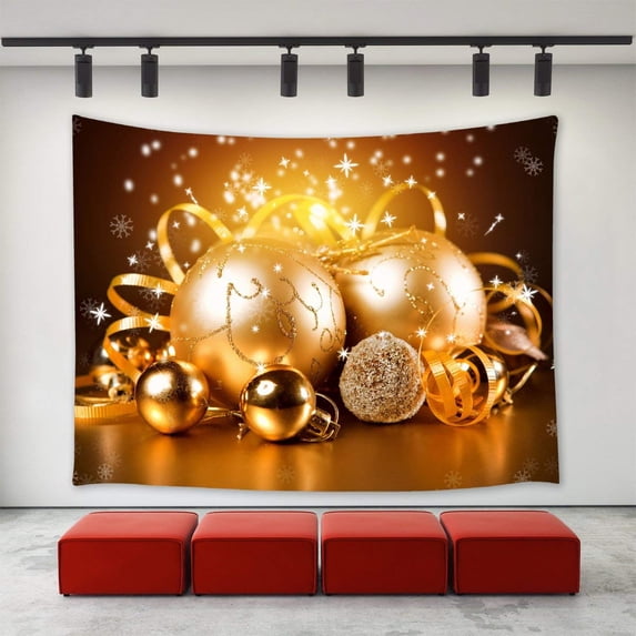 CADecor Christmas Tapestry, Golden Christmas Balls Ornaments White Snowflakes Happy New Year Xmas Christmas Day Wall Tapestries 60x80 inch