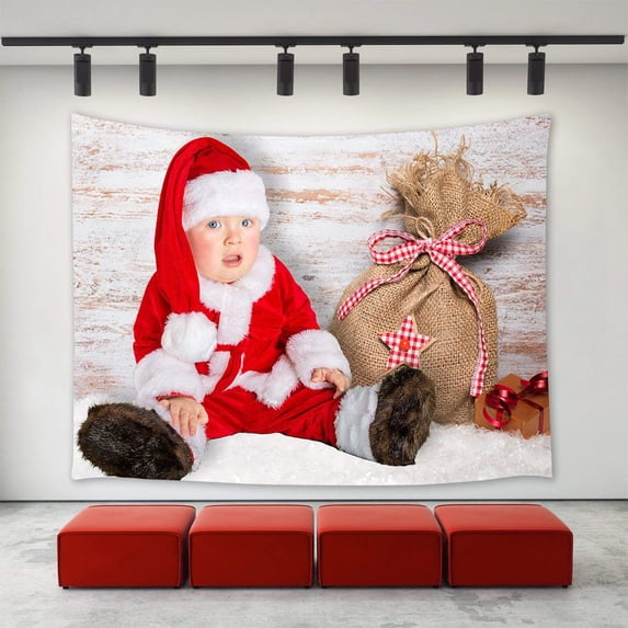 CADecor Christmas Tapestry, Infant Baby Little Boy with Santa Claus Uniform Xmas Hat Christmas Decoration Wall Decor 51x60 inchch