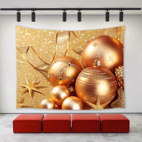 CADecor Christmas Tapestry, Sparkling Golden Balls Ornament Happy New Year Xmas Christmas Day Wall Tapestries 60x90 inch