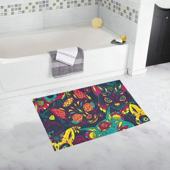 CADecor Day Of The Dead Colorful Sugar Cat Skull Non-Slip Bath Mat Rug Bath Doormat Floor Rug 30x18 inches