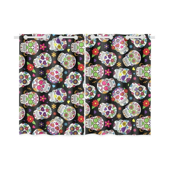 CADecor Day of the Dead Window Kitchen Curtain, Sugar Skull Window Treatment Panel Curtains,26x39 inches,Set of 2