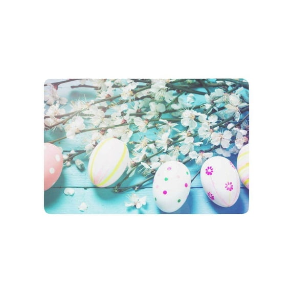 CADecor Easter Colorful Eggs on Blue Wooden Board Door Mat Home Decor, White Plum Blossom Indoor Outdoor Entrance Doormat 23.6x15.7 Inches