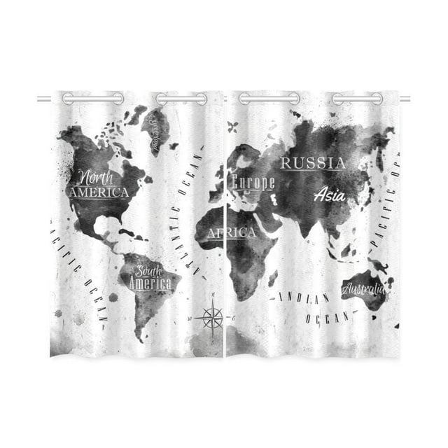 CADecor Grey and White Window Kitchen Curtain, Ink World Map Window Treatment Panel Curtains,26x39 inches,Set of 2