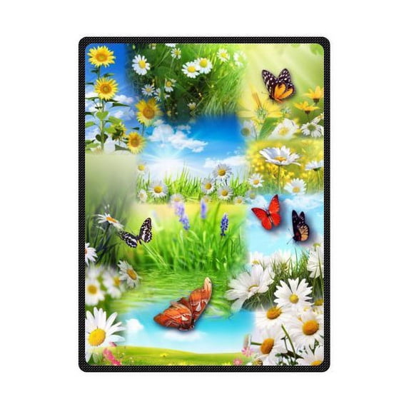 CADecor Landscape Painting Butterfly Flying Daisy Blooming Fleece Blanket Throws 58x80 inches