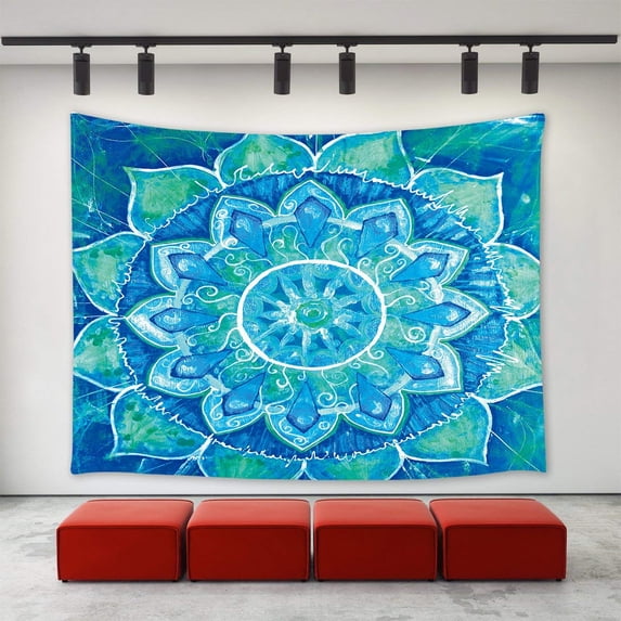 CADecor Lotus Mandala Blue Tapestry , Abstract Blue Painted Picture with Circle pattern, Mandala of Vishuddha Chakra, Wall Hanging 51x60 inchch