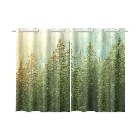 CADecor Misty Forest Window Kitchen Curtain, Green Trees Window Treatment Panel Curtains,26x39 inches,Set of 2