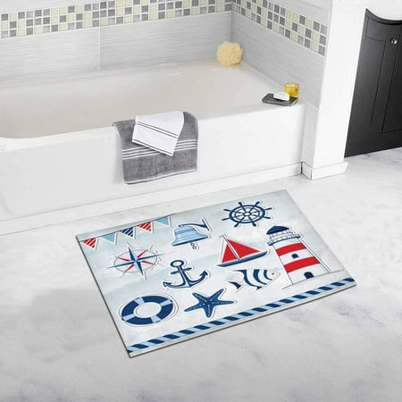 CADecor Nautical Design Elements Anchor, Starfish, Wheel, Boat, Fish, Rope, Bell, Lifebuoy, Lighthouse, Flag, Compass Bath Rug Bathroom Mat Doormat 30x18 inches
