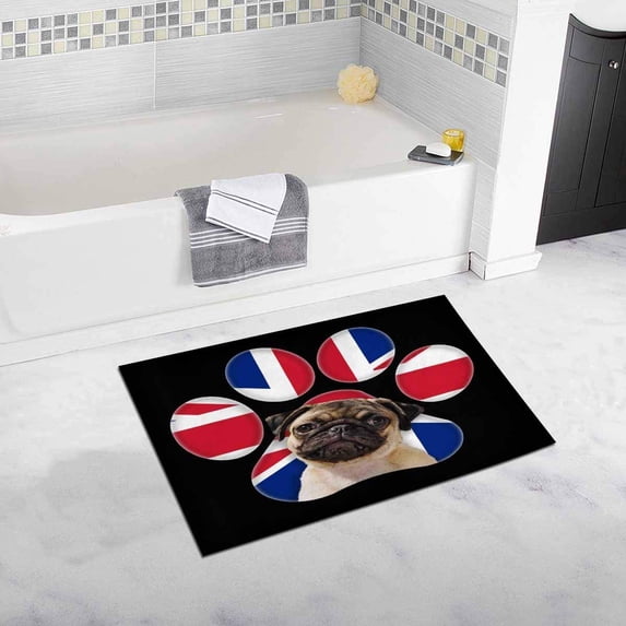 CADecor Pug Dog Portrait with A Country House Image of Britain Flag in Paw Print Plush Bathroom Decor Rug Mat , Doormat 30x18 inches