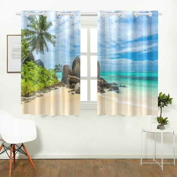 CADecor Sea Beach Ocean View Window Treatment Panel Curtains Window Curtain Kitchen Curtain,Two Piece 26x39 Inches