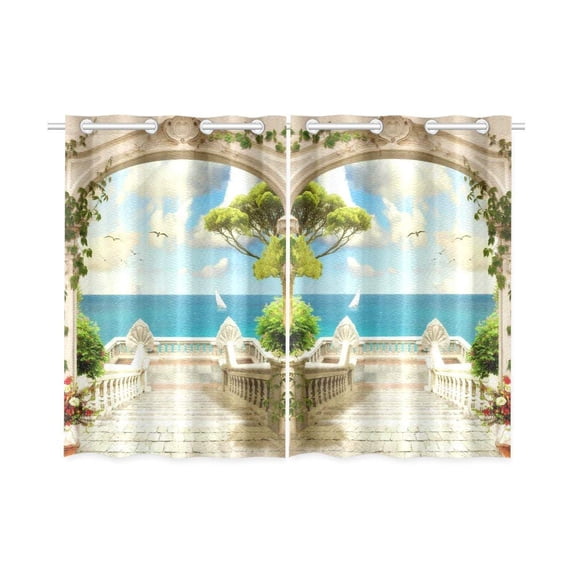 CADecor Seascape Window Kitchen Curtain, Sea View Door Window Treatment Panel Curtains,26x39 inches,Set of 2