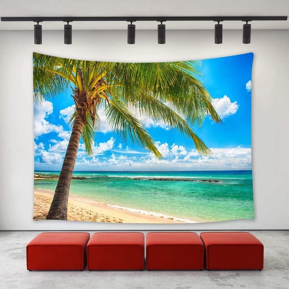 CADecor Summer Beach Ocean Palm Tree Tapestry Wall Hanging Tropical Island with Clean Sky and Sea Nature Wall Art Home Decoration Wall Tapestries for Bedroom Living Room College Dorm Decor 60x90 inch