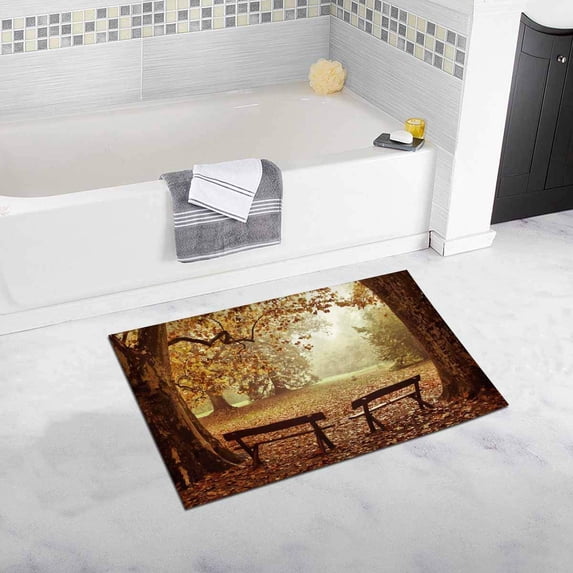 CADecor Two Benches in A Colorful Autumn Wood Bathroom Mat Bath Rug, Doormat 30x18 inches