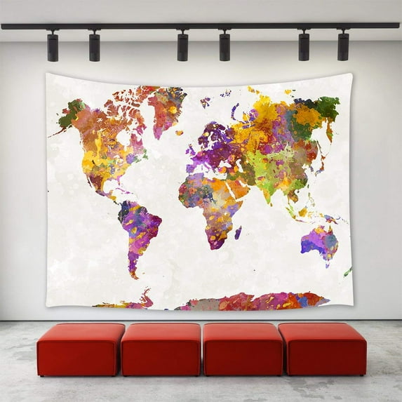 CADecor Watercolor World Map Tapestry Wall Hanging Vintage Colorful Abstract Art Splatter Painting Watercolor World Map Wall Art Home Decoration Wall Tapestries 60x90 inch