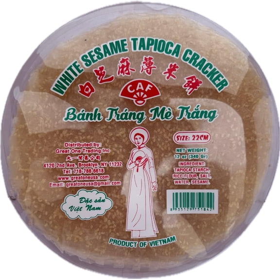 CAF White Sesame Tapioca Crackers, 12oz, 1 Pack  Crispy Vietnamese Rice Crackers with Nutty White Sesame Flavor, Gluten-Free Snack for Dips, Cheese Boards & Light Snacking