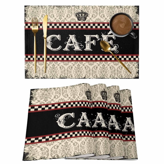 CAFE Cotton Linen Placemats Set of 6, Traditional Ethic Flowers Black Plaids Casual Retro Graffiti Washable Table Place Mats Heat Insulating Placemat for Dining Room Kitchen Daily Use 13 x 19 Inch