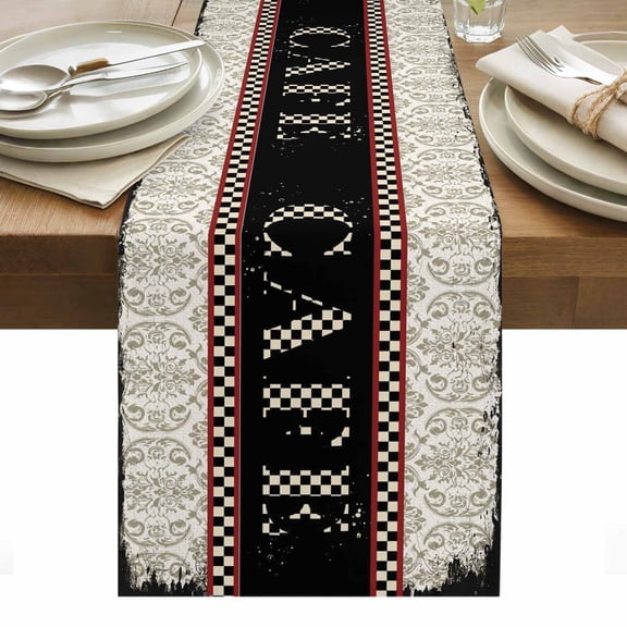 CAFE Cotton Linen Table Runner Traditional Ethic Flowers Black Plaids Casual Retro Dining Table Runners for Home Decor Party Dining Room Restaurant Kitchen Party 13" x 72"