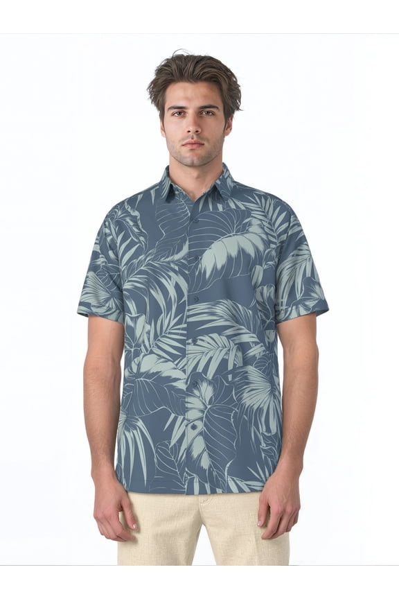 Men's and Big Men's Printed Leaves Short Sleeve Woven Shirt, Size S-4XL