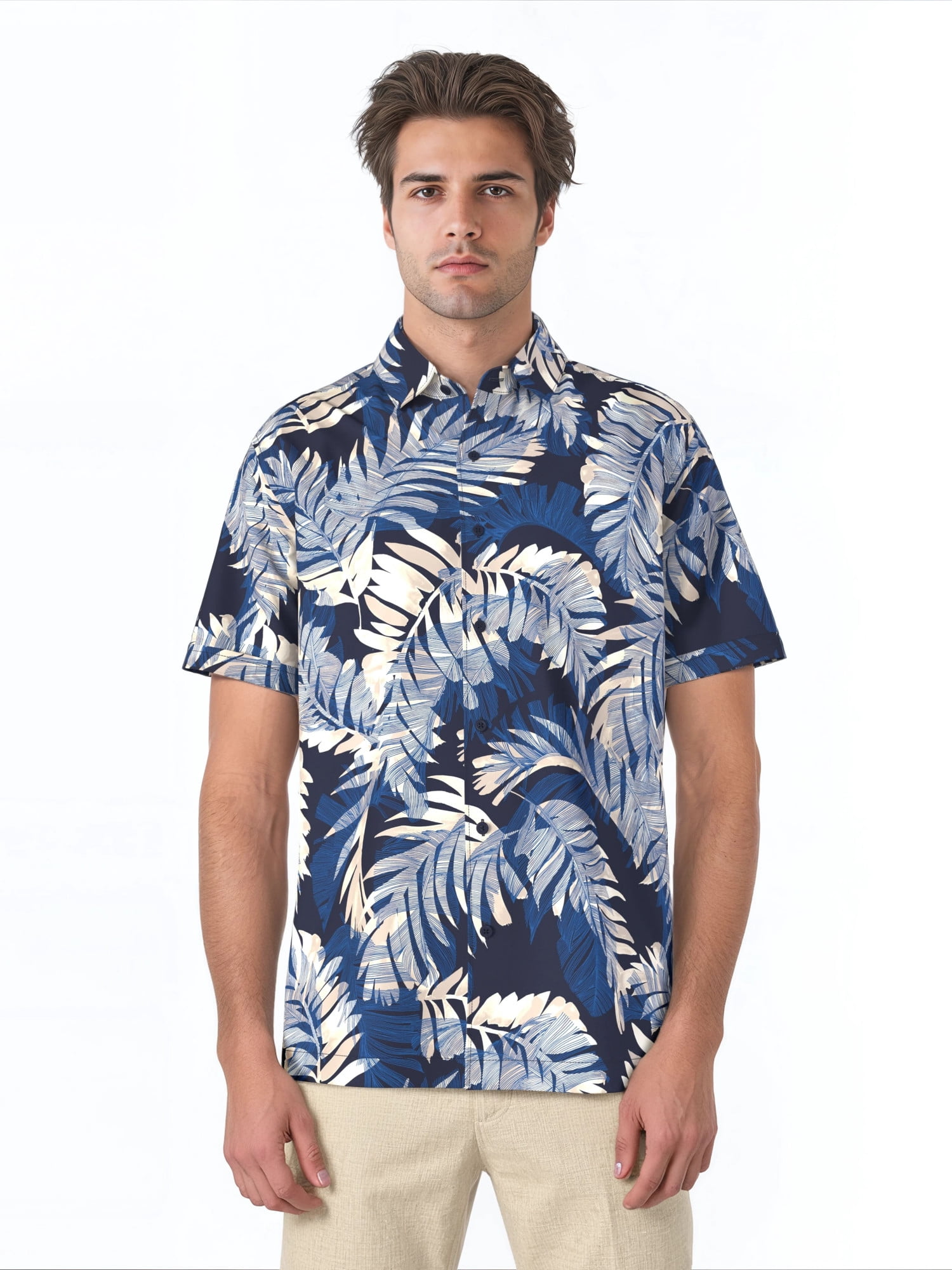 Cafe Luna Men's and Big Men's Printed Leaves Short Sleeve Woven Shirt with Texture, Size S-4XL