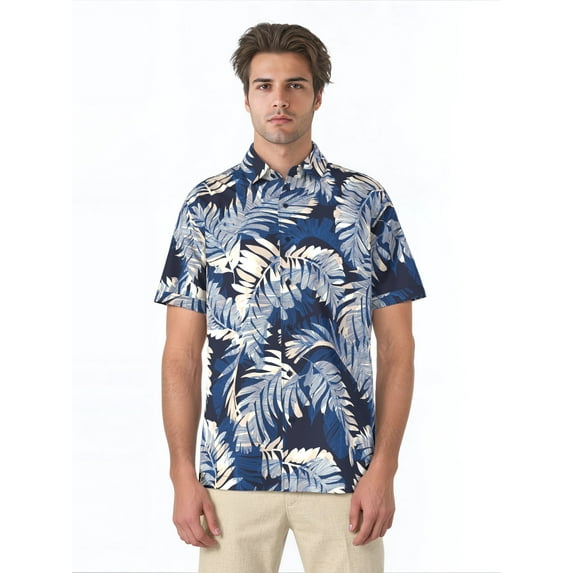 Cafe Luna Men's and Big Men's Printed Leaves Short Sleeve Woven Shirt with Texture, Size S-4XL