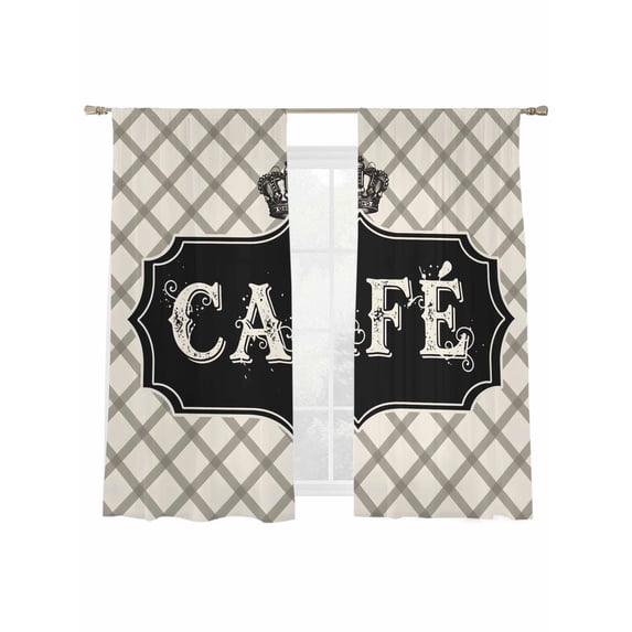 CAFE Sheer Curtains 2 Panels Set Luxury Crown Black Stripes Beige Plaid Casual Retro Sheer Window Curtains Light Filtering Rod Pocket Voile Drapes for Bedroom Living Room 52"x63"