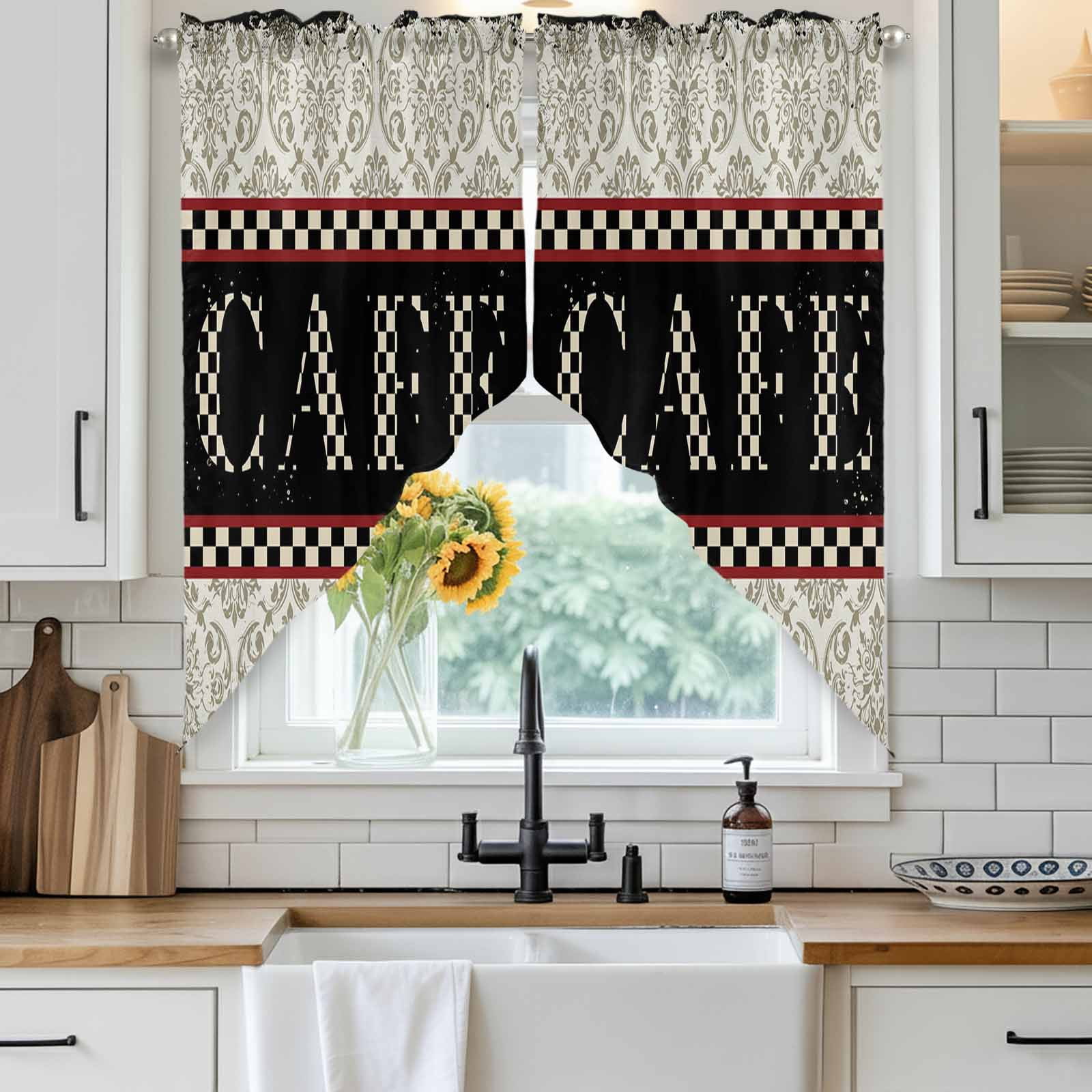 CAFE Swag Curtain Valance for Windows, Traditional Ethic Flowers Black ...