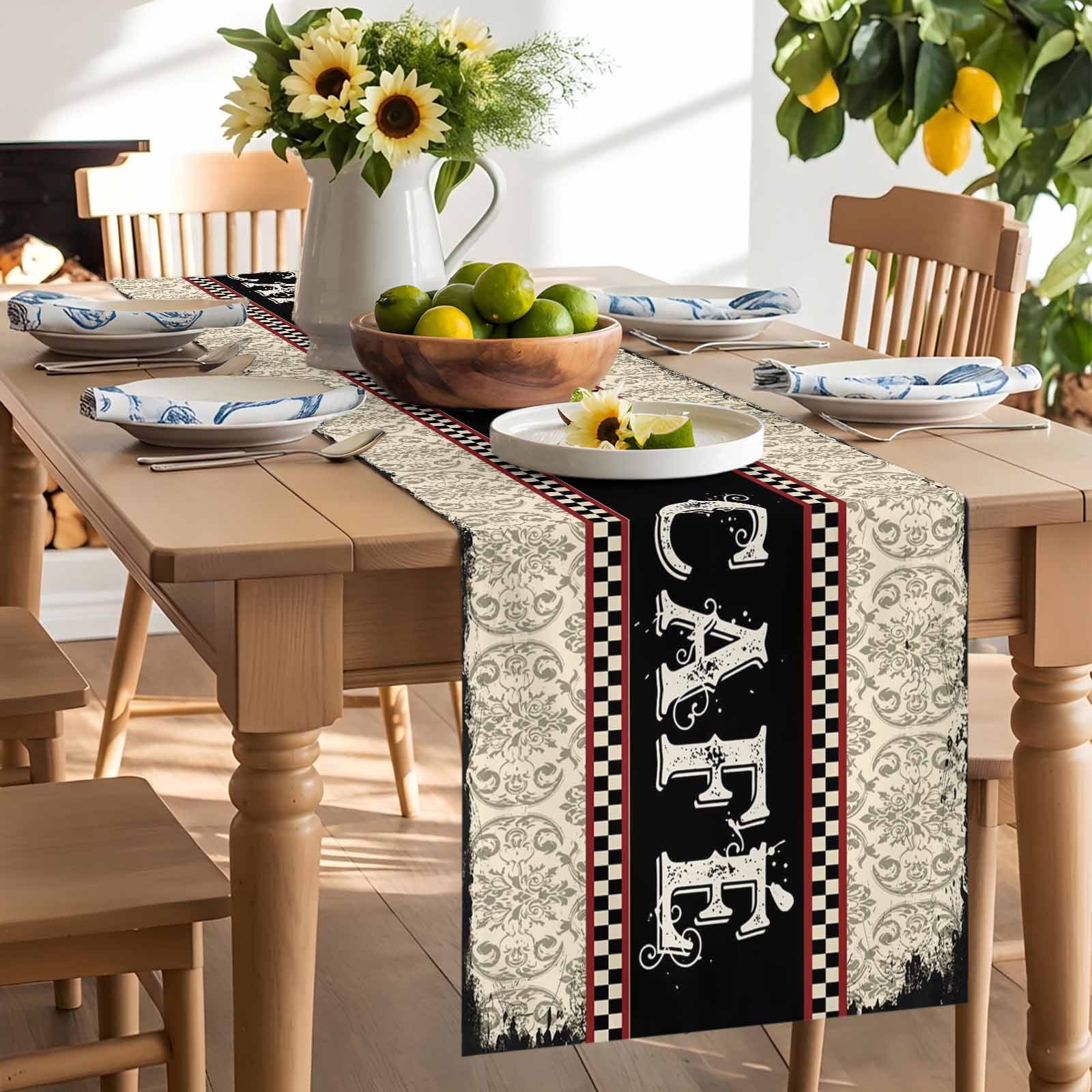 Restaurant Rack Table Runner CAFE Table Runner, Traditional Ethic Flowers Black Plaids Casual Retro ...