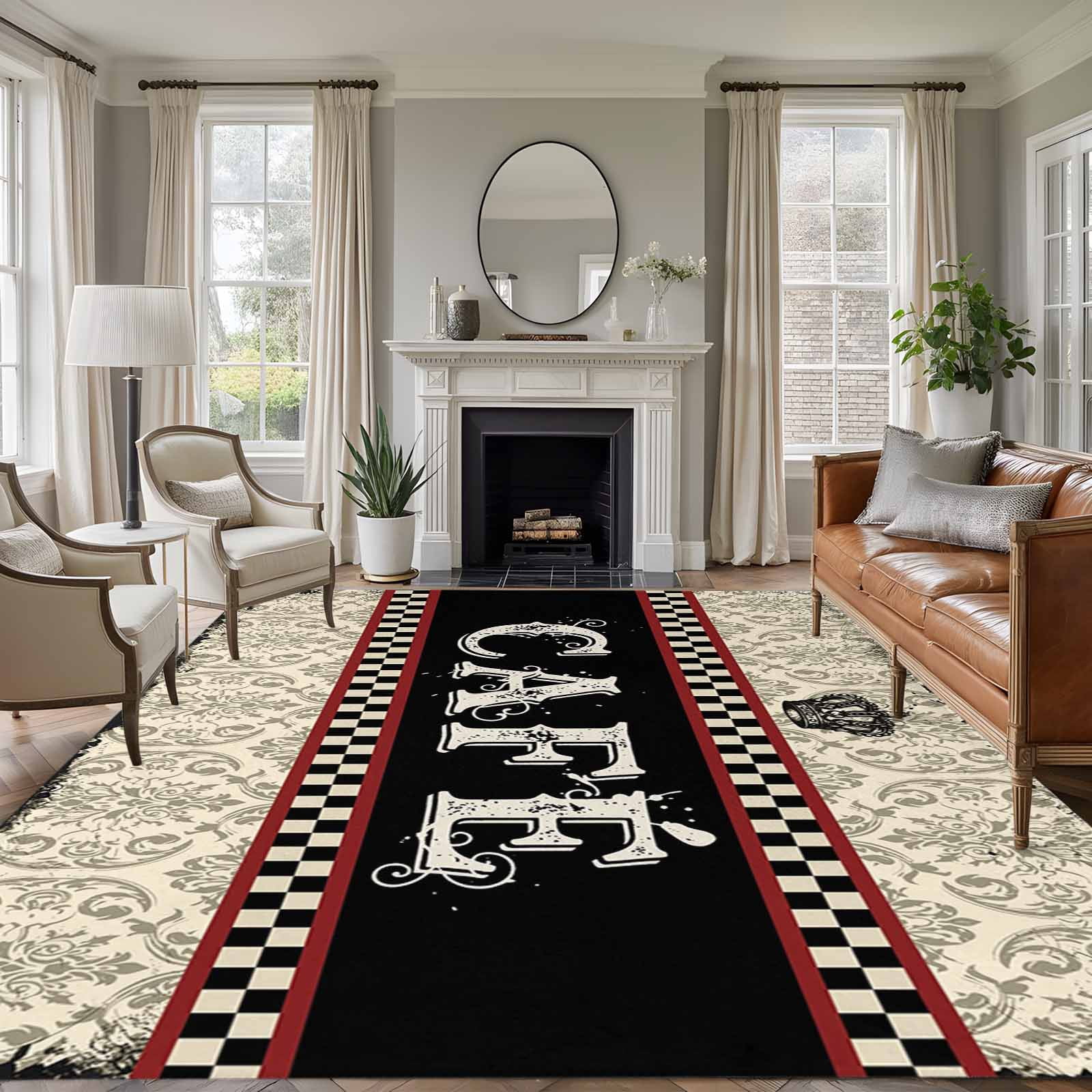CAFE Washable Area Rug 5 x 7 ft Traditional Ethic Flowers Black Plaids ...