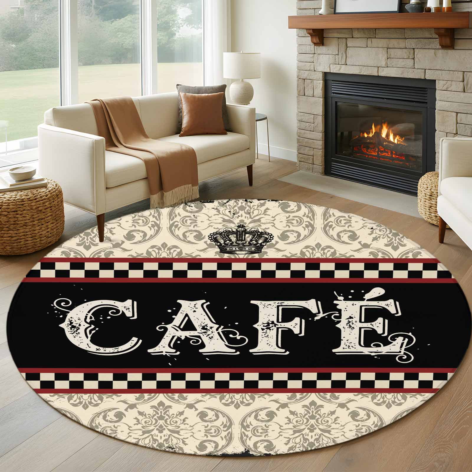 CAFE Washable Round Area Rug 6 ft, Traditional Ethic Flowers Black ...