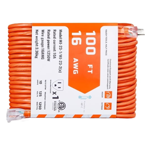 CAFORKP 100FT 3-Prong Extension Cord, 16AWG Heavy Duty with Lighted End, 1250W