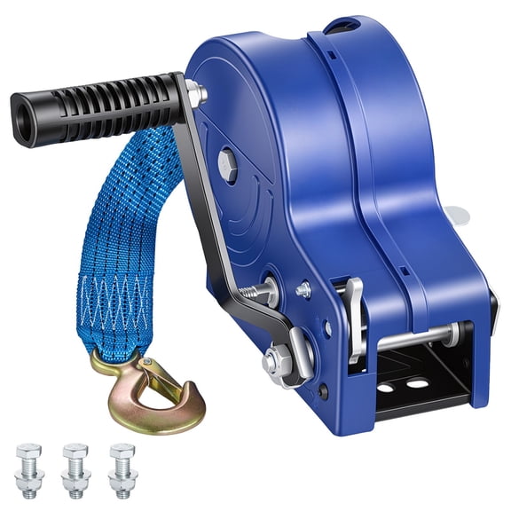CAFORKP 3500 LBS Manual Boat Trailer Winch, Hand Crank Winch With 20ft Gray Black Polyester Strap, Two-Way Ratchet Mechanism
