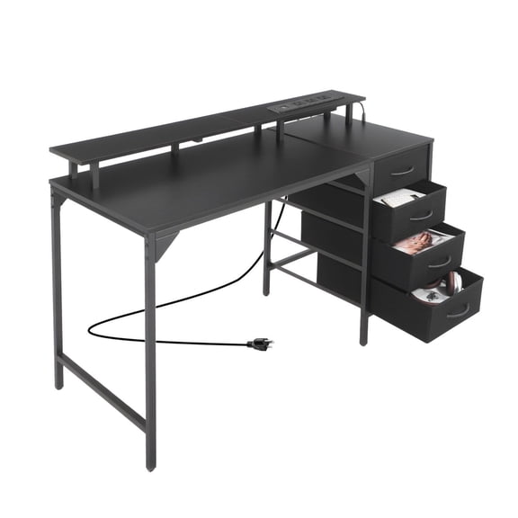 CAFORKP 47" LED Computer Desk with Built-in Power & 4 Large Drawers Multifunctional Gaming and Workstation for Small Rooms, Monitor Stand Included, Black
